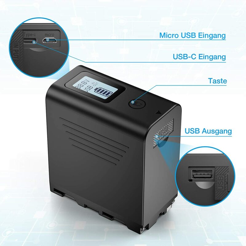 2x NP-F Akku 7,4V 5050mAh mit 5V USB Ausgang und Micro USB/USB-C Eingang – Bild 2